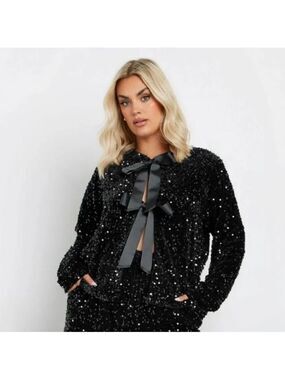 Black sequins crop bow jacket XL H&M Viral Influencers Favourite Black Tie Glam